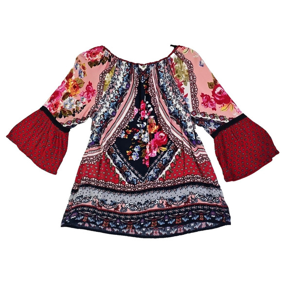 BILA ~Woman Size L~ Multicolor Red Bell Sleeve Boho Blouse Top Tunic Romantic. - Picture 8 of 11